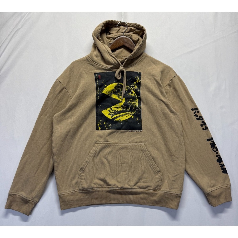 Pac-Man Hoodie Mens Medium Camel Graphic Print Art by Okaz Logo Cotton Ribbed